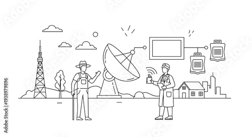 A line art illustration shows a doctor using a remote device to connect with a farmer via a satellite dish, demonstrating telehealth in a rural setting.