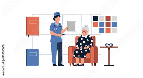 A nurse in a blue uniform discusses a medical document with an elderly woman seated in an armchair, illustrating a home care visit or nursing home consultation.