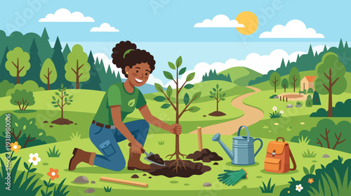 Woman planting tree in green landscape with gardening tools