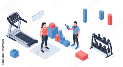 An isometric view of a personal trainer with a tablet instructing a female client in a gym setting with a treadmill, dumbbells, and abstract blocks for training.