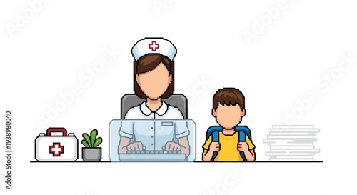 A pixel art school nurse sits at a desk with a sneeze guard, typing on a keyboard while a student with a backpack waits for assistance in the infirmary.