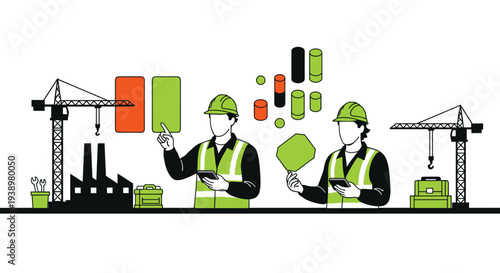 Two construction engineers use tablets to analyze data visualizations on a worksite with cranes and a factory, illustrating modern project management technology.