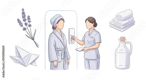 A set of isolated spa and wellness illustrations including a client with a therapist, lavender, towels, and a decanter on a clean white background.