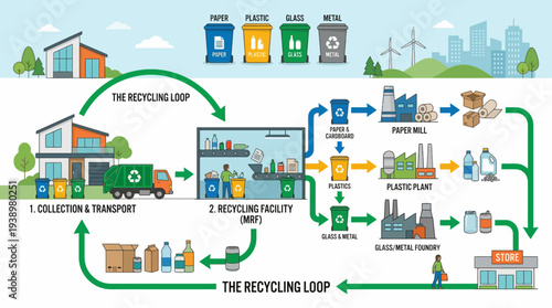 Recycling process infographic showing collection, sorting, and production
