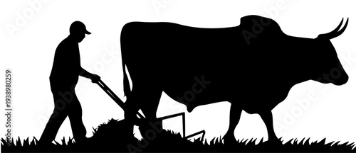 Farmer Plowing Field with Ox Silhouette Vector