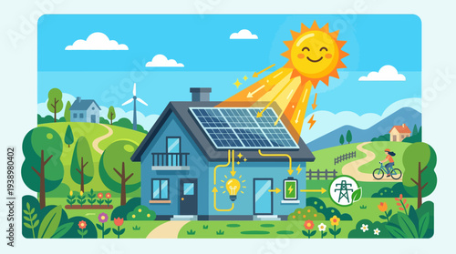 Eco friendly home with solar panels generating clean energy