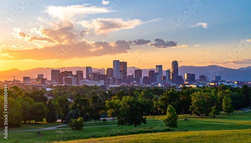 A city skyline at sunset with a golf course in the foreground