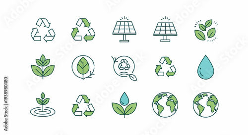 Eco-friendly icons representing sustainability and nature's resources, like recycling, solar power, and clean water