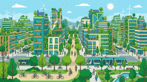 Sustainable cityscape with green buildings and renewable energy sources