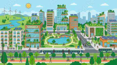 Sustainable cityscape with eco-friendly buildings and green spaces