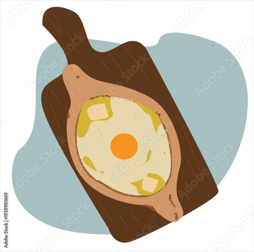 Vector Georgian food Adjara khachapuri. Pastry with egg and cheese. 
