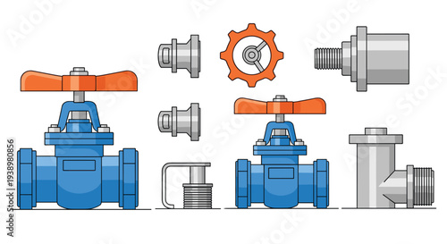 Industrial valves and plumbing components in blue orange and gray