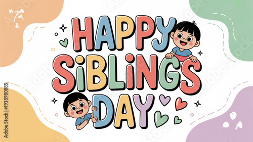 Colorful illustration of two happy children celebrating siblings day with hearts and playful text