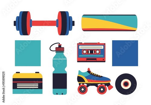 Colorful illustration of diverse fitness equipment and retro items symbolizing an active and nostalgic lifestyle, flat lay studio shot.