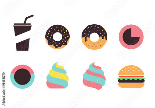 Vector illustration of assorted popular fast food and sweet dessert items, perfect for quick meal menus, snack time, or casual dining concepts.