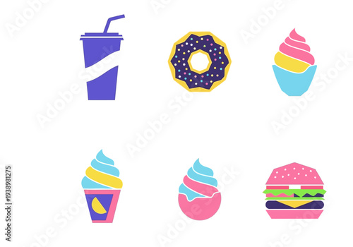 Vibrant collection of flat graphic illustrations featuring popular fast food and sweet treats like a soft drink, donut, and ice cream on a clean white background.