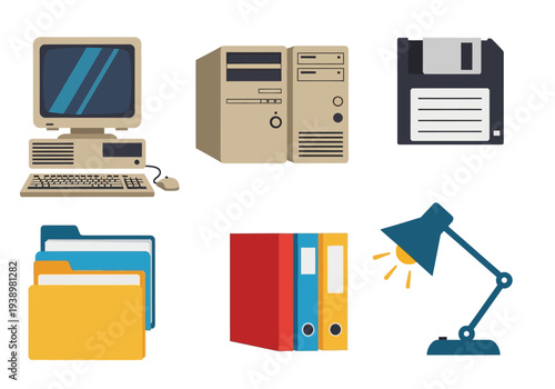 Flat vector illustration of retro office and computing elements: vintage computer, floppy disk, files, and desk lamp.