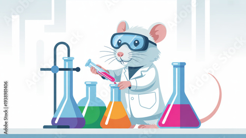 Curious lab mouse in goggles and lab coat conducting colorful chemical experiment with beakers