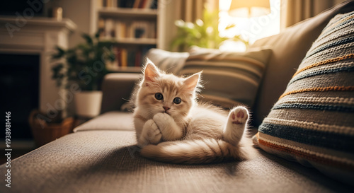 Adorable juvenile feline with soft cream fur relaxing on a cozy velvet couch inside a modern domestic living area, showcasing a peaceful indoor pet portrait in a bright apartment setting.