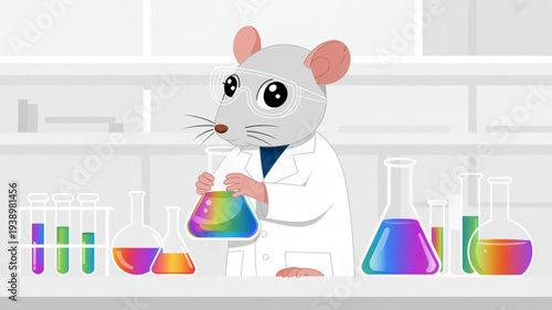Curious lab mouse in white coat conducting colorful chemistry experiment with beakers and test tubes