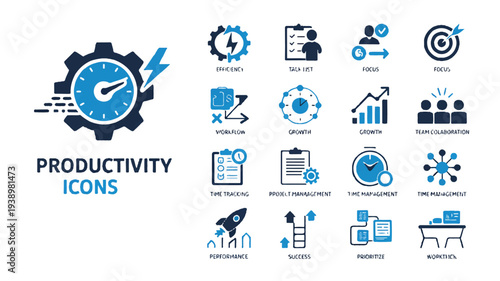 Productivity themed icons representing efficiency focus and workflow management