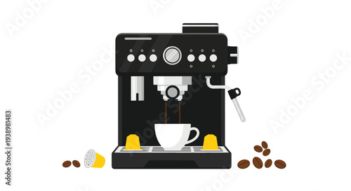 Modern espresso machine brewing coffee with cup and beans nearby