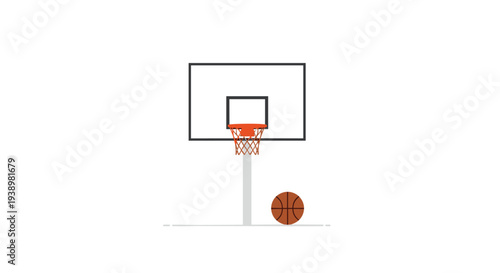 Modern basketball hoop with orange rim and brown ball on court