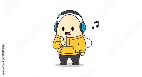 Cartoon character enjoying music on phone with headphones on