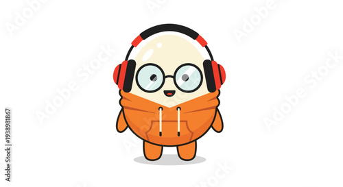 Cute cartoon character wearing headphones and glasses in orange hoodie