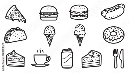 Food Icons Set in Simple Line Art Style with Black Outline on White Background for Menu Design