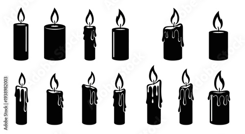 Collection of Black Silhouette Candles with Dripping Wax and Flames, Isolated