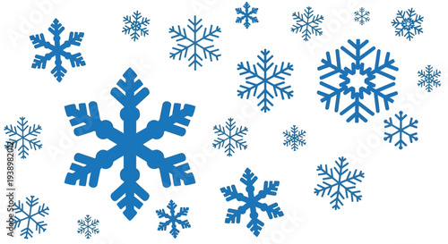 Collection of Blue Snowflakes on a White Background, Winter Season Decorative Elements