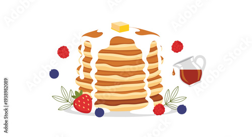 Delicious stack of pancakes with fresh berries and syrup