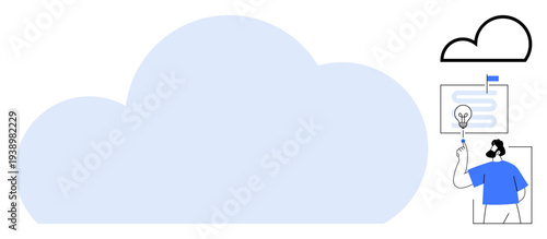 Cloud computing, innovation, digital storage, data analysis, creativity, remote work, IT services. A cloud icon next to a person holding a lightbulb. Cloud computing and innovation concepts