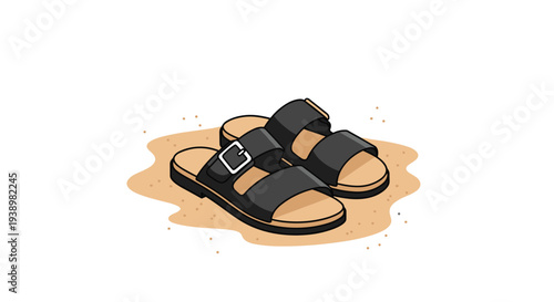 Stylish black sandals with silver buckle on sandy background