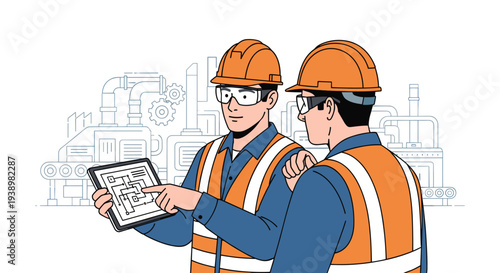 Two engineers in hard hats examining industrial blueprint on tablet