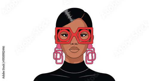 Stunning woman with bold red glasses and stylish pink earrings