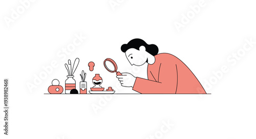 Curious woman examining perfume bottles and fragrances with magnifying glass