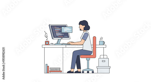 Young woman working diligently on computer in modern office setup