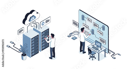 Two IT specialists work with server racks and a large interactive flowchart screen, illustrating concepts of cloud computing and data management in an isometric view.