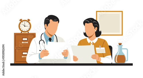 A male doctor and a female nurse sit together at a desk in an office, reviewing patient files and medical documents with a clock in the background.