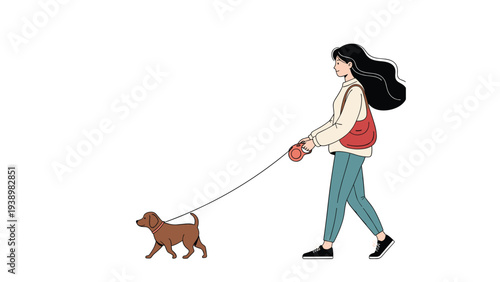 Simple flat illustration of a young woman with long dark hair walking her small brown dog on a long leash against white.