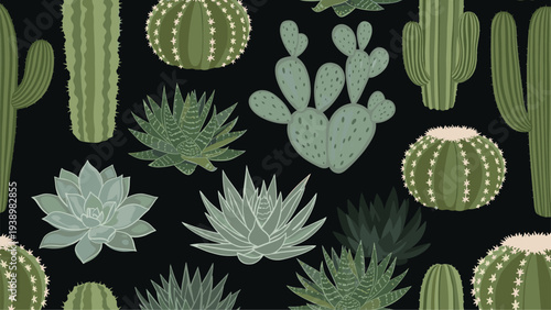 Beautiful seamless pattern of different types of green cacti and succulents with thorns against a solid black background.