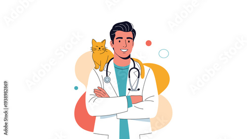 Friendly male veterinarian wearing a white coat and stethoscope with a cute orange cat perched on his shoulder.