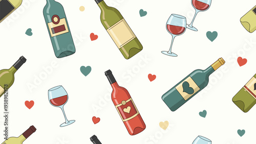 Romantic seamless pattern of various wine bottles, glasses of red wine, and small colorful hearts on a cream background.