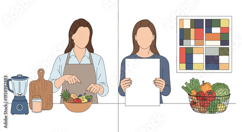 A composite illustration showing a woman preparing a healthy meal with fruits and a blender, and another woman holding a blank sign.