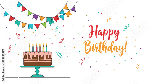 Colorful happy birthday background with a delicious chocolate cake, festive bunting, and falling confetti on white.