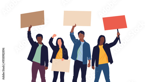 Illustration of a group of diverse people participating in a peaceful protest and holding up various blank signs.
