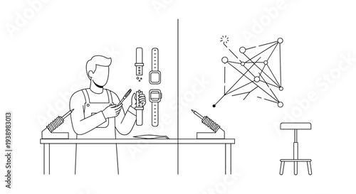 A skilled technician in an apron meticulously repairs a smartwatch at a workbench with specialized tools, while a complex network diagram is displayed nearby.