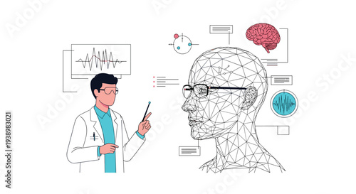 A male neurologist in a lab coat gestures with a pointer towards a digital wireframe head displaying brainwave data and a brain scan on a futuristic interface.